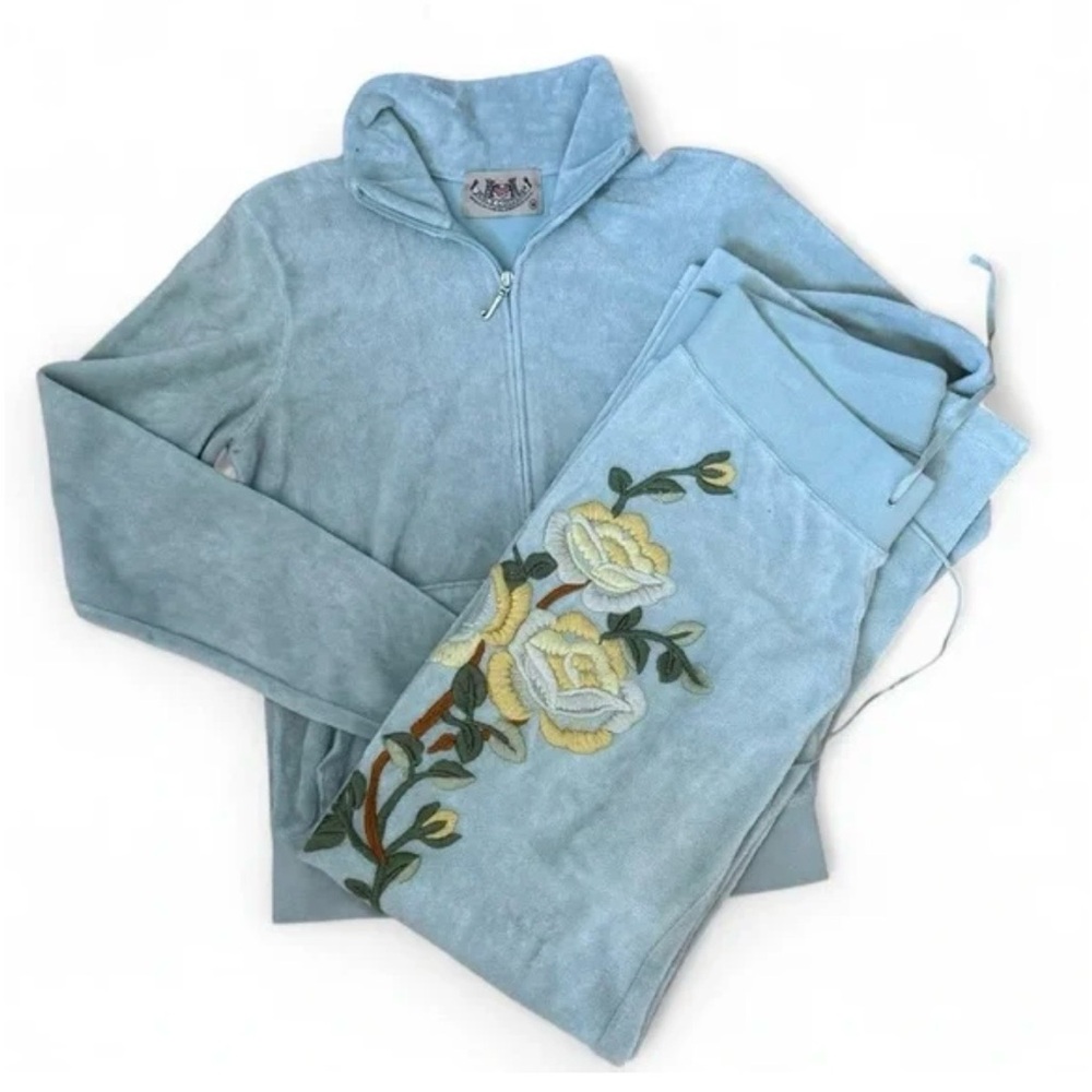 Vintage Juicy Couture Velour Set Embroidered Floral Motif Sage Green